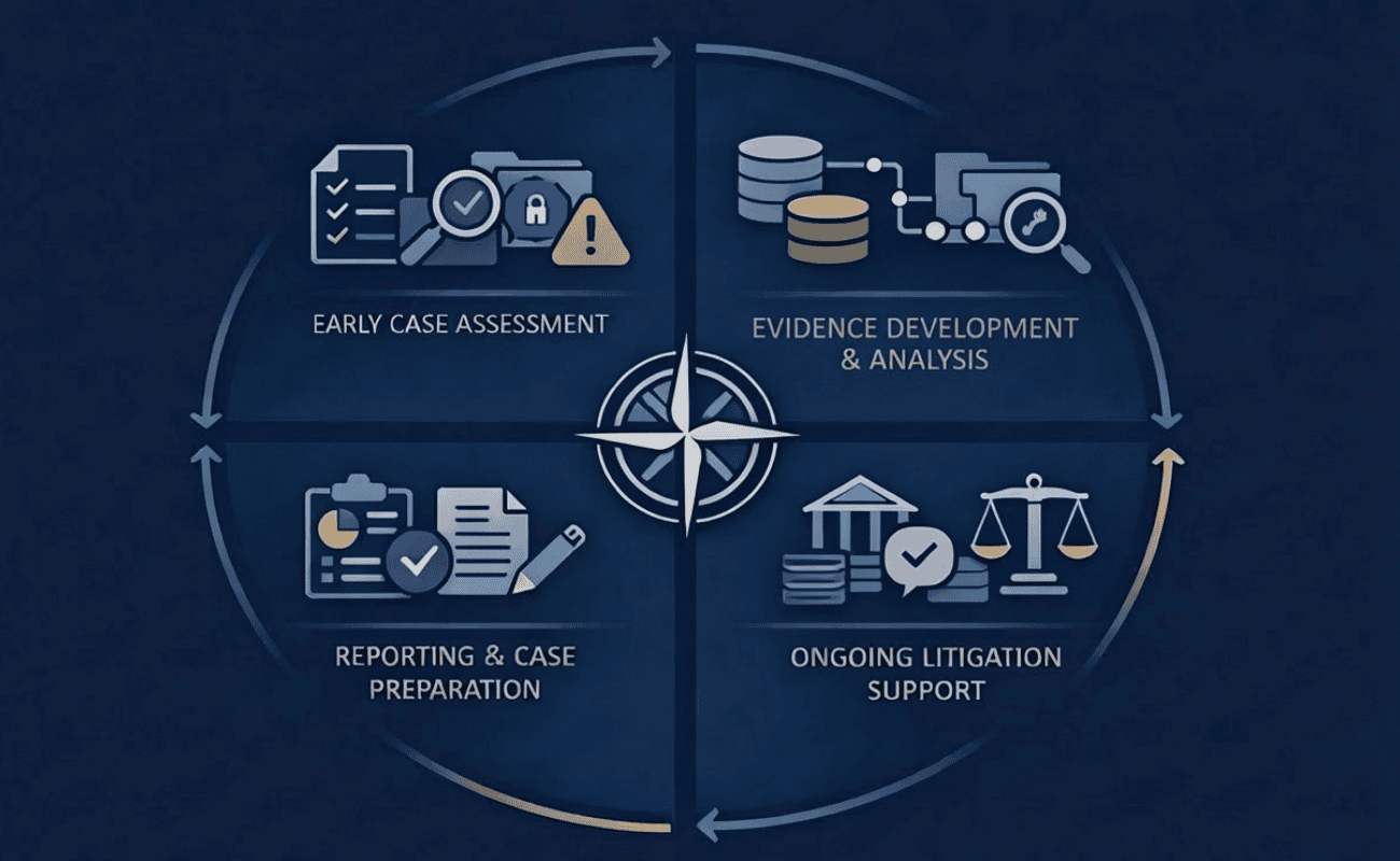 Litigation Lifecycle Support and Forensic Investigation Process Infographic illustrating the litigation lifecycle, showing early case assessment, evidence development and analysis, reporting and case preparation, and ongoing litigation support, reflecting Grudko Associates’ structured forensic methodology.