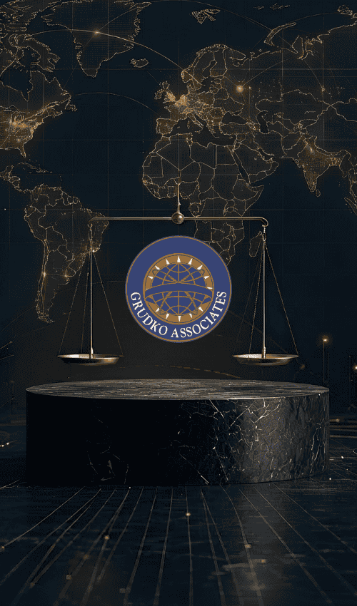 Scales of justice balanced on a podium against a golden global map background,