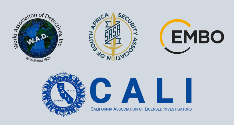 Logos of professional bodies affiliated with Grudko Associates including the World Association of Detectives (WAD), South African Security Association (SASA), EMBO, and the California Association of Licensed Investigators (CALI), reflecting international investigative standards and professional accreditation.
